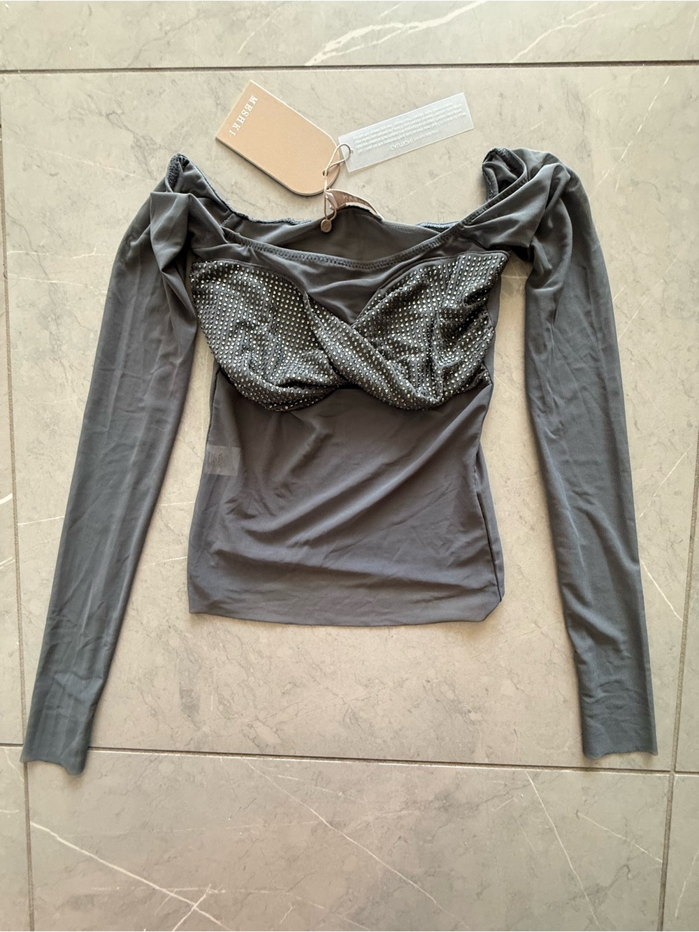 NWT Meshki Diamante off shoulder top in Gunmetal